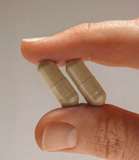 Two pills held by fingers